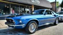Синий мускулкар Ford Mustang блестит на солнце